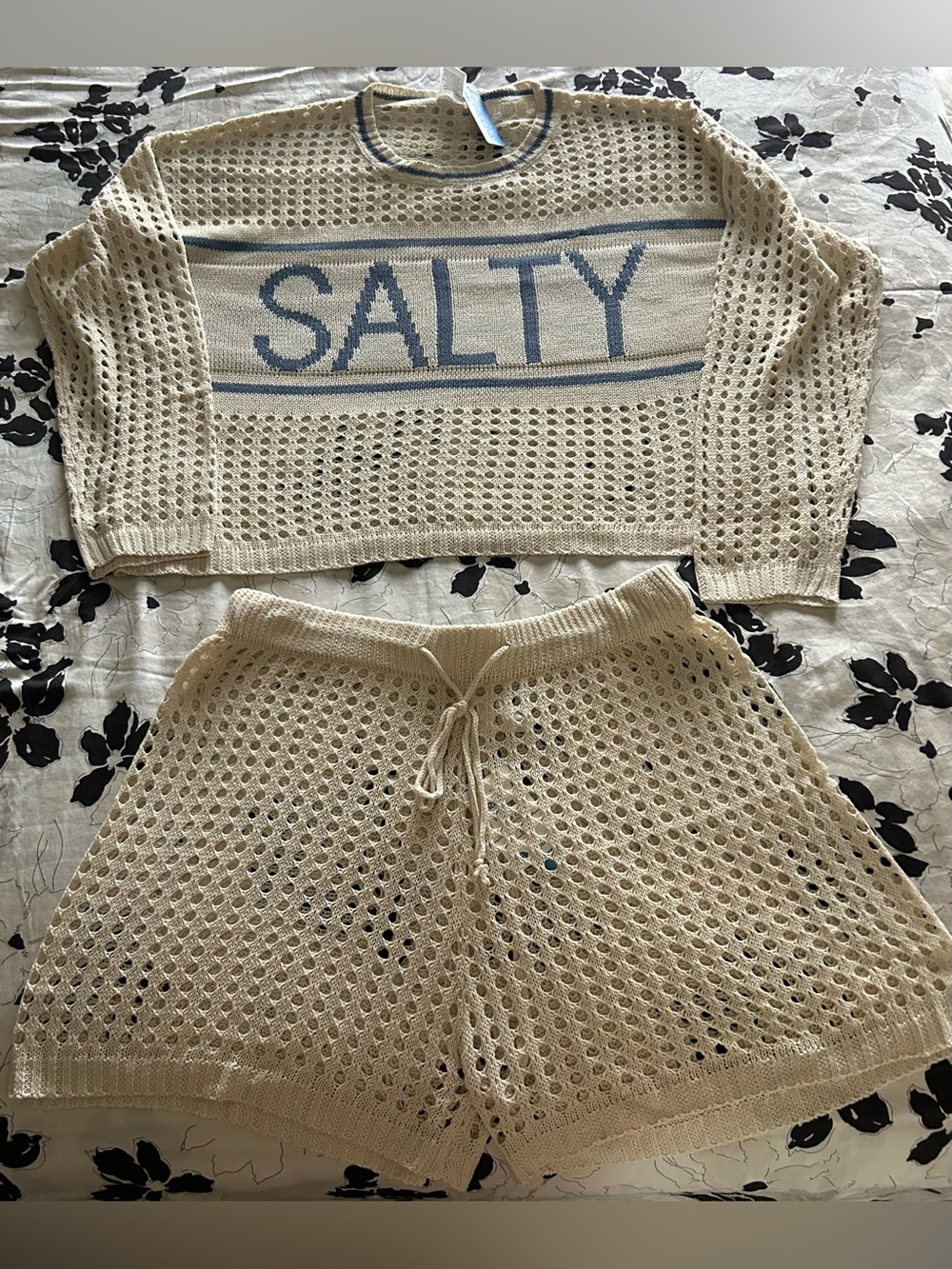 Salty Knit Beach Coverup Set in Cream and Blue